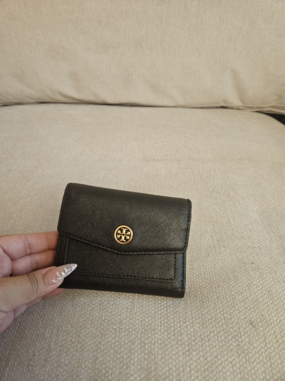 Tory Burch Black Leather Compact Wallet with Gold Logo